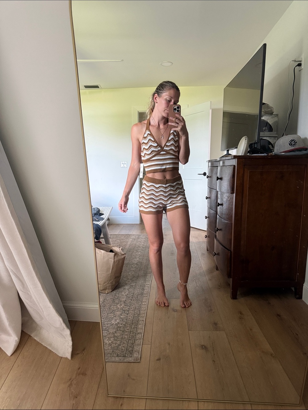 No Boundaries Brown and White Chevron Knit Shorts Set
